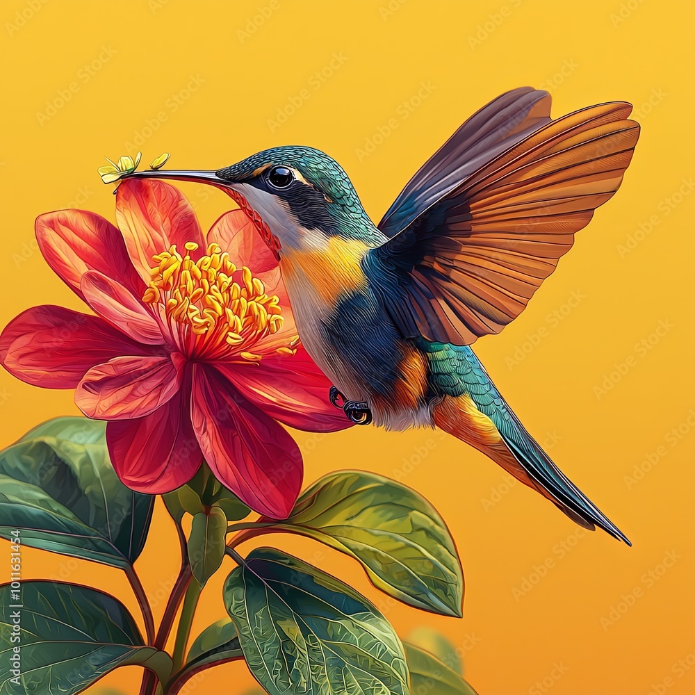 Fototapeta premium Vibrant Hummingbird Sipping Nectar from Flower