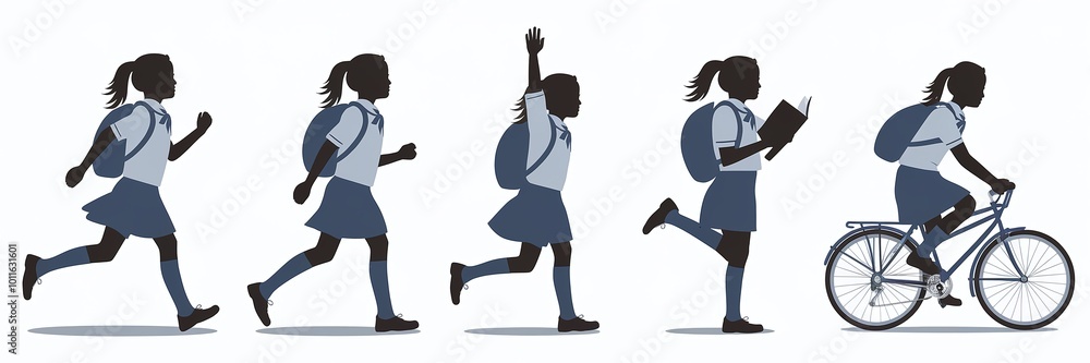 Five silhouettes of school girls in various poses, one girl running, one with arm raised, one walking, one reading, and one riding a bicycle. Five silhouettes of school girls in various poses, one girl running, one with arm raised, one walking, one reading, and one riding a bicycle.