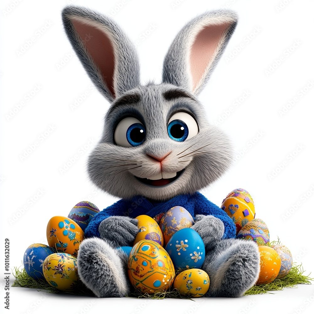Adorable Cartoon Rabbit with Easter Eggs on White Background Adorable Cartoon Rabbit with Easter Eggs on White Background