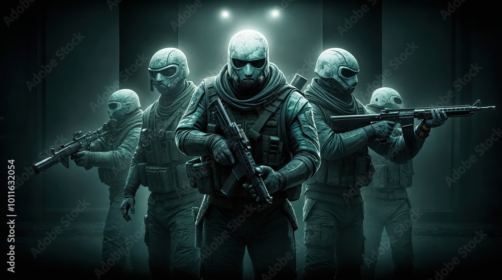 Fototapeta premium Futuristic special forces squad in eerie green lighting, armed with assault rifles, ready for covert mission, showcasing military technology and tactical gear