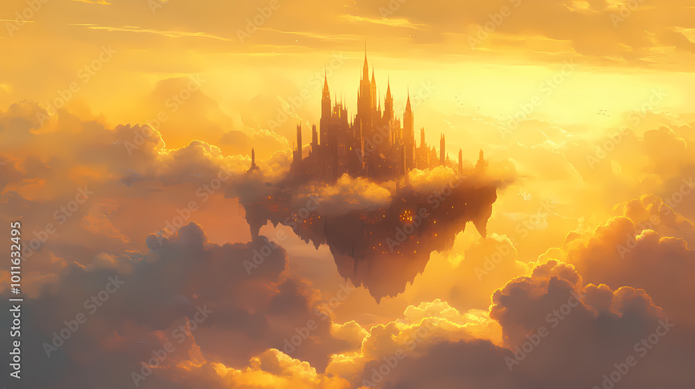 Clouds surround a floating fantasy castle at sunrise - ethereal ...