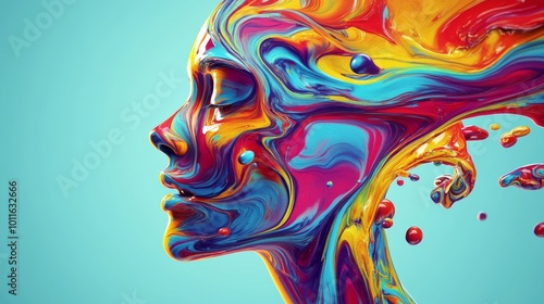 A stunning, surreal representation of a human face composed of swirling, multicolored paint strokes. The vibrant hues of yellow, red, blue, and purple blend seamlessly, creating a dynamic, abstract