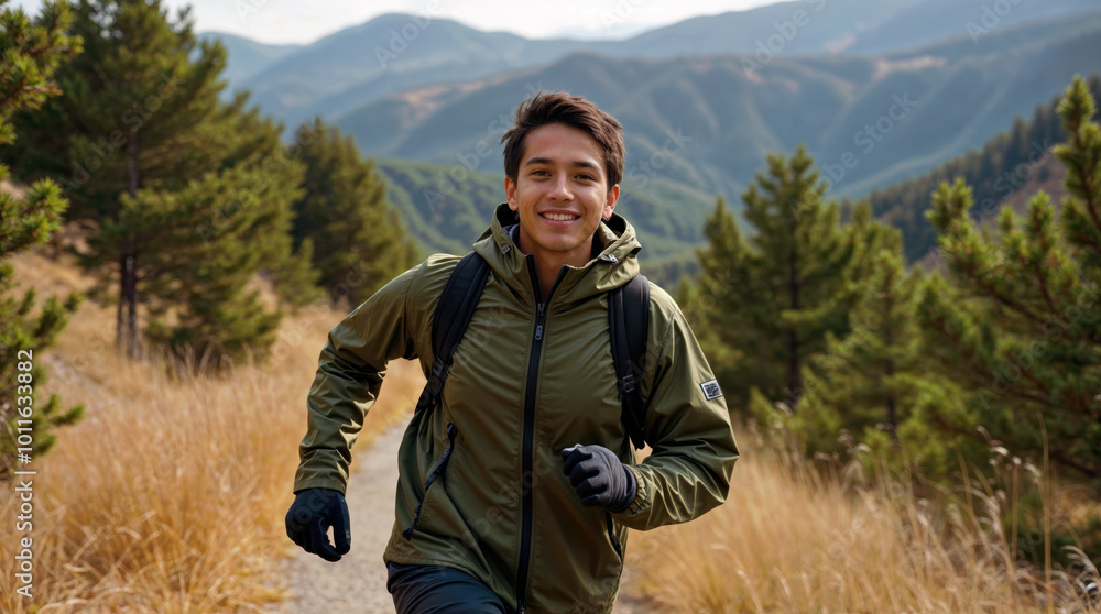 Smiling young Hispanic man hiking in mountainous terrain, wearing olive green jacket and backpack, surrounded by pine trees and autumn grasslands Smiling young Hispanic man hiking in mountainous terrain, wearing olive green jacket and backpack, surrounded by pine trees and autumn grasslands