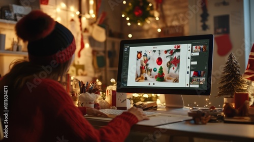 Festive Holiday Design and Decoration: Cozy Creative Workspace with Christmas Elements