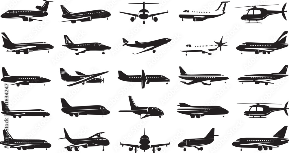 set of silhouettes of airplane set of silhouettes of airplane