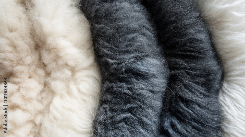 Close-up view of soft, textured fur in various shades of cream, gray, and black, showing rich depth and cozy warmth in different hues. Close-up view of soft, textured fur in various shades of cream, gray, and black, showing rich depth and cozy warmth in different hues.