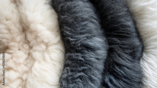 Close-up view of soft, textured fur in various shades of cream, gray, and black, showing rich depth and cozy warmth in different hues. photo