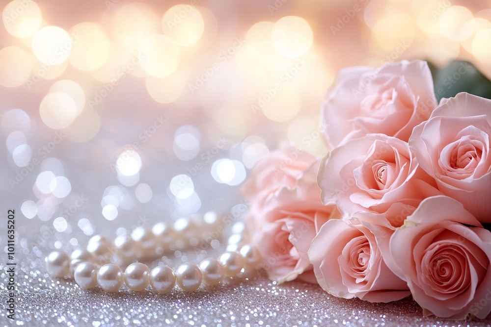 Pink Roses and Pearls on Glittery Background for Valentine's Day Card Design. AI generated illustration Pink Roses and Pearls on Glittery Background for Valentine's Day Card Design. AI generated illustration