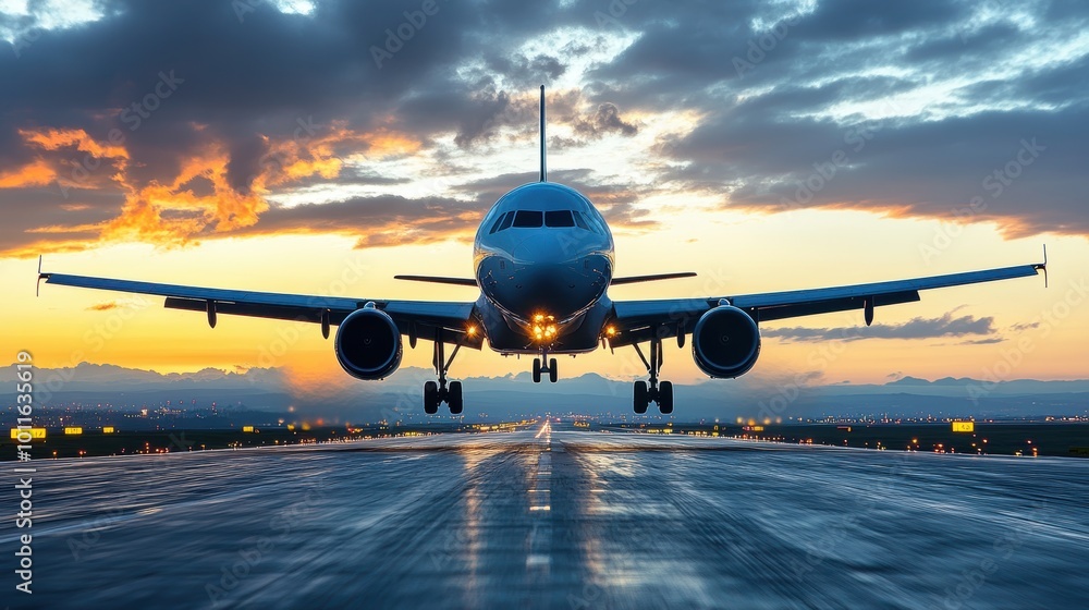 A commercial airplane lands on a wet runway during an impressive sunset, showcasing the convergence of aviation and nature's stunning beauty