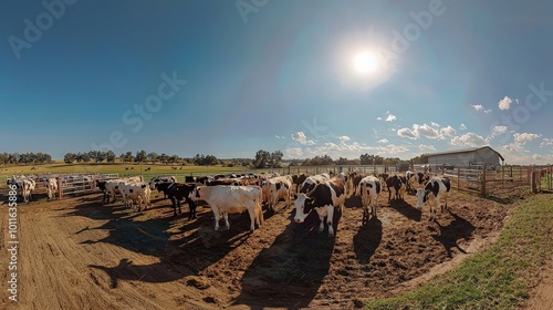 A wide-angle shot of a dairy farm with cows lined up for milking photo