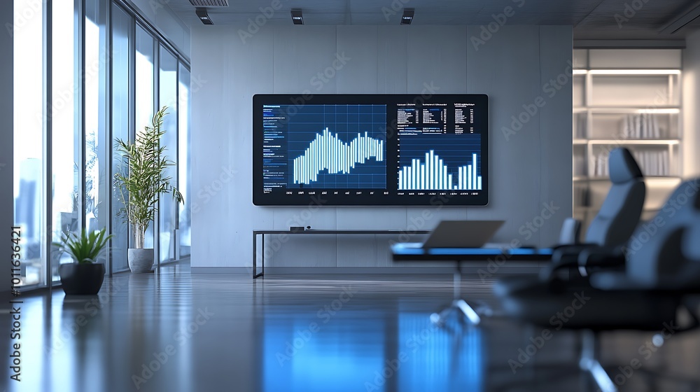 A modern office interior with a large screen displaying financial charts, a table, chairs, and a potted plant. The room has large windows with a view of the city. A modern office interior with a large screen displaying financial charts, a table, chairs, and a potted plant. The room has large windows with a view of the city.