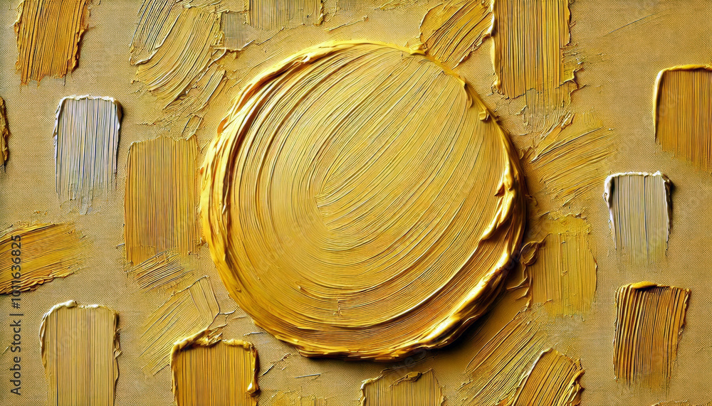 Obraz premium The center of the composition is dominated by a large textured yellow circle surrounded by rectangular brush strokes in earthy tones. The use of thick paint creates a sense of depth and dynamism. AI 