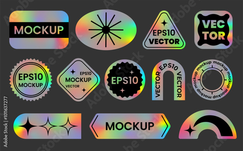Set of colorful neon stickers, blank templates, label with holographic effect. Shiny rainbow emblems of different shapes. Mockup for shopping. Realistic gradient hologram. Vector EPS10