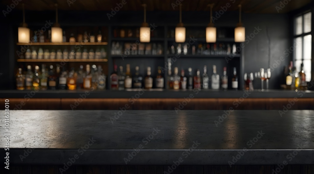 Stylish bar counter with a black concrete top and dark wood wall, highlighting an empty space for drinks in a blurred cafe ambiance. Stylish bar counter with a black concrete top and dark wood wall, highlighting an empty space for drinks in a blurred cafe ambiance.