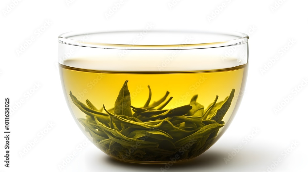 A clear glass bowl contains light yellow-green tea with loose green tea leaves submerged, emphasizing freshness and simplicity. A clear glass bowl contains light yellow-green tea with loose green tea leaves submerged, emphasizing freshness and simplicity.
