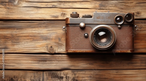 Vintage brown leather-wrapped film camera with a classic lens placed on a rustic wooden background, showcasing a blend of antique photography equipment and textured natural materials