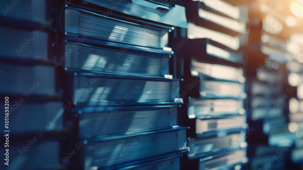 Rows of document binders and files line the shelves in an office, efficiently organized and bathed in soft light, highlighting a well-structured workspace. Rows of document binders and files line the shelves in an office, efficiently organized and bathed in soft light, highlighting a well-structured workspace.