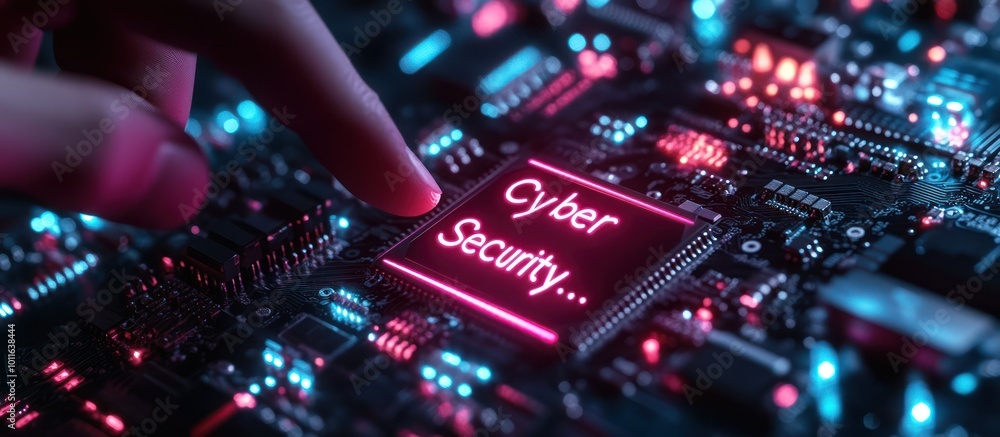 Close up of finger touching a glowing microchip with the words Close up of finger touching a glowing microchip with the words