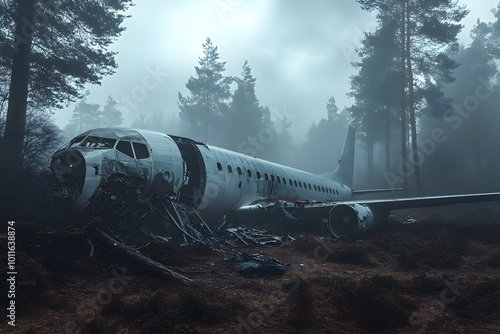 A mysterious, abandoned airplane lies in a foggy forest, surrounded by trees, evoking a sense of adventure and forgotten history.