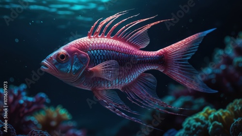 A vibrant red and blue fish swims through a coral reef with a dark blue background.