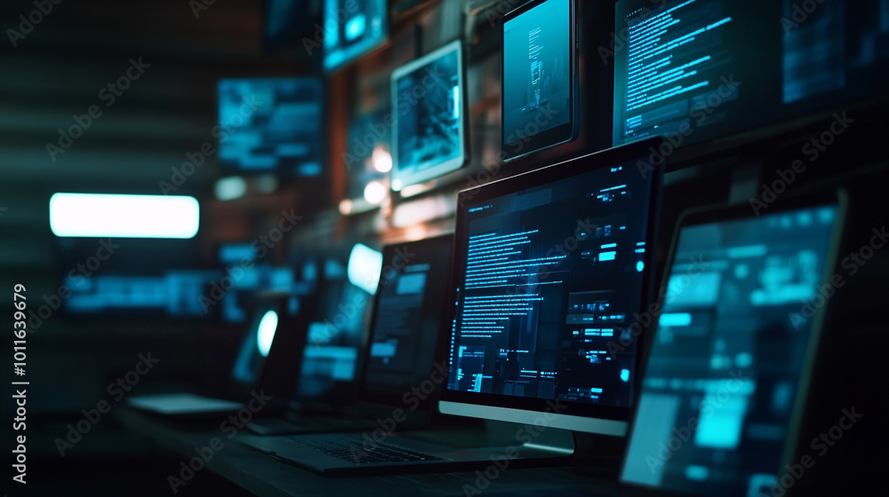 A modern workspace filled with multiple computer screens displaying data analysis at night A modern workspace filled with multiple computer screens displaying data analysis at night