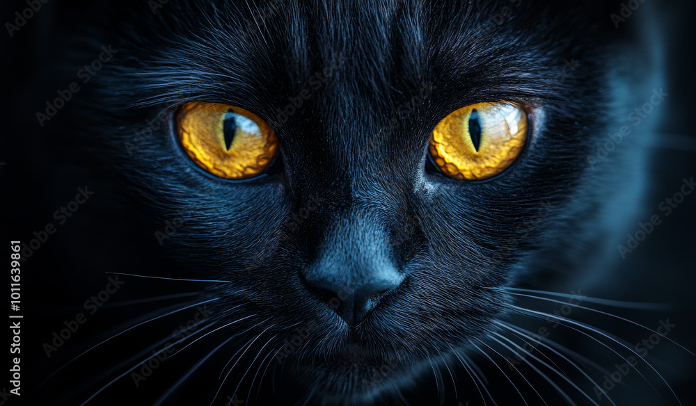 Mysterious black cat with striking yellow eyes. A black cat with captivating yellow eyes gazes intensely, showcasing its sleek fur and enigmatic presence in low light. Mysterious black cat with striking yellow eyes. A black cat with captivating yellow eyes gazes intensely, showcasing its sleek fur and enigmatic presence in low light.
