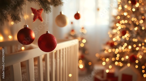A cozy, festive nursery adorned with Christmas decorations. A beautifully lit tree surrounded by shimmering ornaments creates a warm, inviting atmosphere for the holidays.