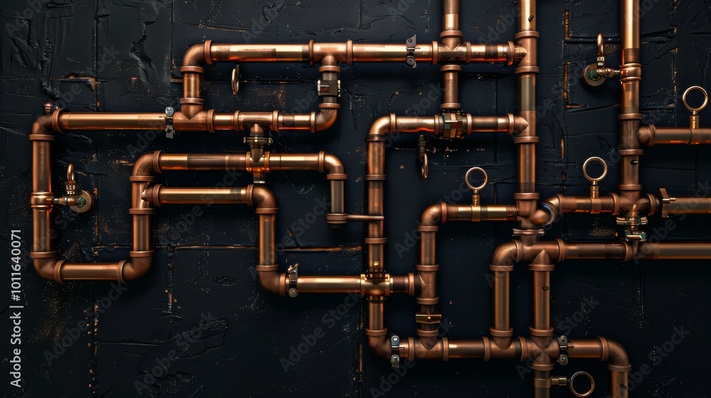 © VK Studio - A network of copper pipes arranged intricately against a dark, textured wall, showcasing industrial design and craftsmanship.