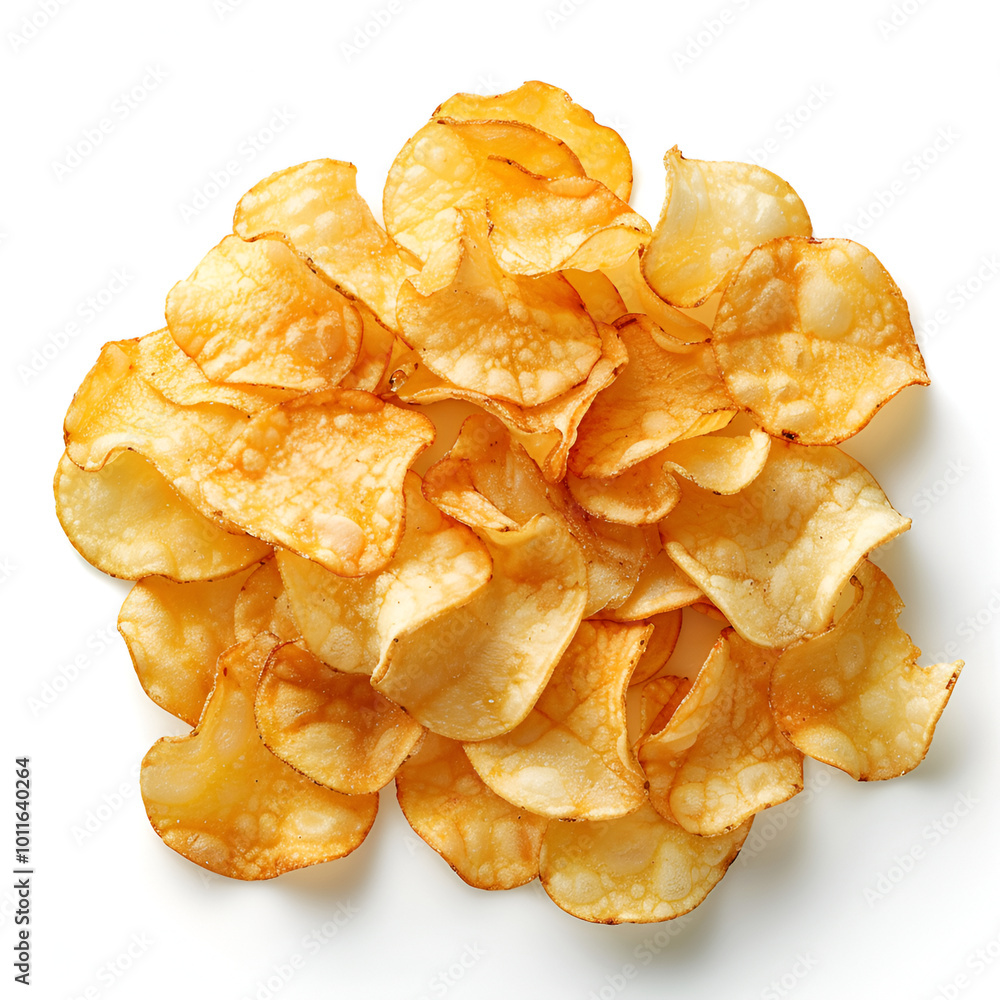Potato chips isolated on white background ,A stack of golden, ridged potato chips against an isolated white background symbolizing snack time and junk food indulgence Potato chips isolated on white background ,A stack of golden, ridged potato chips against an isolated white background symbolizing snack time and junk food indulgence
