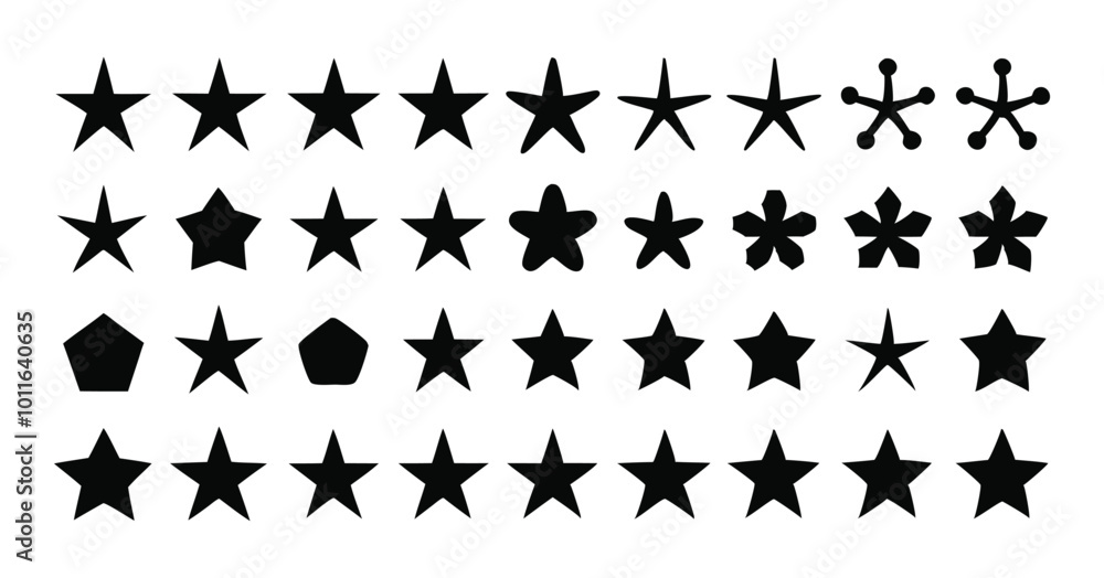 Naklejka premium Variety of Black Star Shapes – Silhouettes and Abstract Star Icons Collection on white background