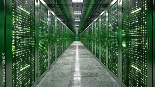 Modern data center with green illuminated servers. A cutting-edge data center features rows of servers glowing in green light  creating a striking technological atmosphere.