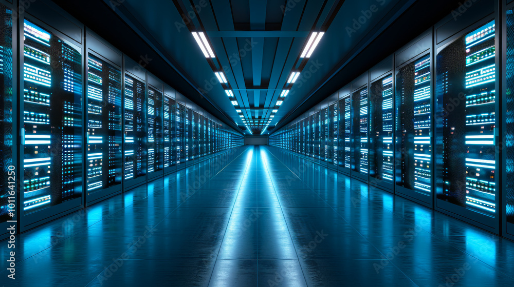 Illuminated data center hallway with server racks. A long hallway lined with glowing server racks, showcasing a high-tech data center environment. The blue lights add a futuristic feel. Illuminated data center hallway with server racks. A long hallway lined with glowing server racks, showcasing a high-tech data center environment. The blue lights add a futuristic feel.