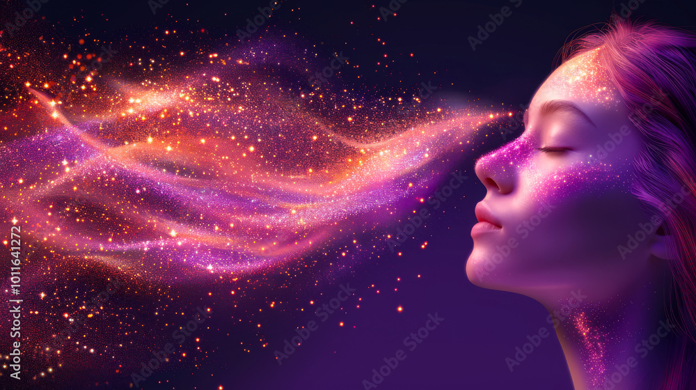 Young woman in vibrant cosmic energy. A young woman with closed eyes experiences a mystical flow of vibrant cosmic energy surrounding her, evoking a sense of serenity. Young woman in vibrant cosmic energy. A young woman with closed eyes experiences a mystical flow of vibrant cosmic energy surrounding her, evoking a sense of serenity.