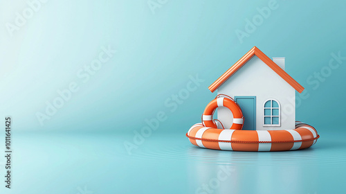 house floating on life raft symbolizes importance of flood insurance and safety. This creative representation highlights need for protection against water damage