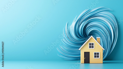 house stands resilient in center of swirling 3D storm, symbolizing protection and safety amidst chaos. vibrant colors evoke sense of hope and security