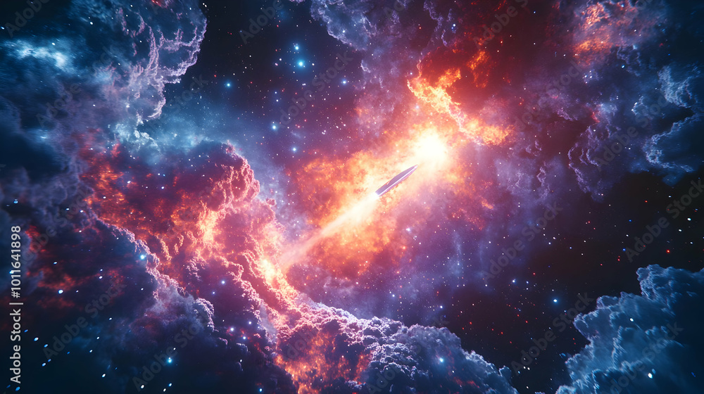 Fototapeta premium Spaceship Ascending Through Starry Nebula 3D Illustration