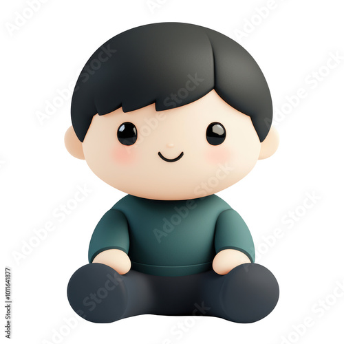 3D cartoon character with black hair, wearing a blue sweater, sitting cross-legged and smiling. Cute and relaxed demeanor, conveying joy and peacefulness. Isolated on transparent background, png.