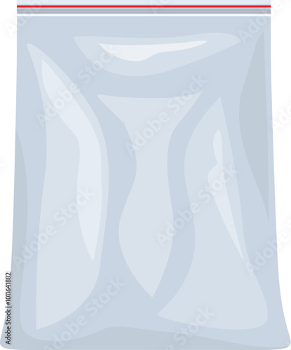 Illustration of an empty sealed transparent plastic zipper bag standing up, isolated on white background