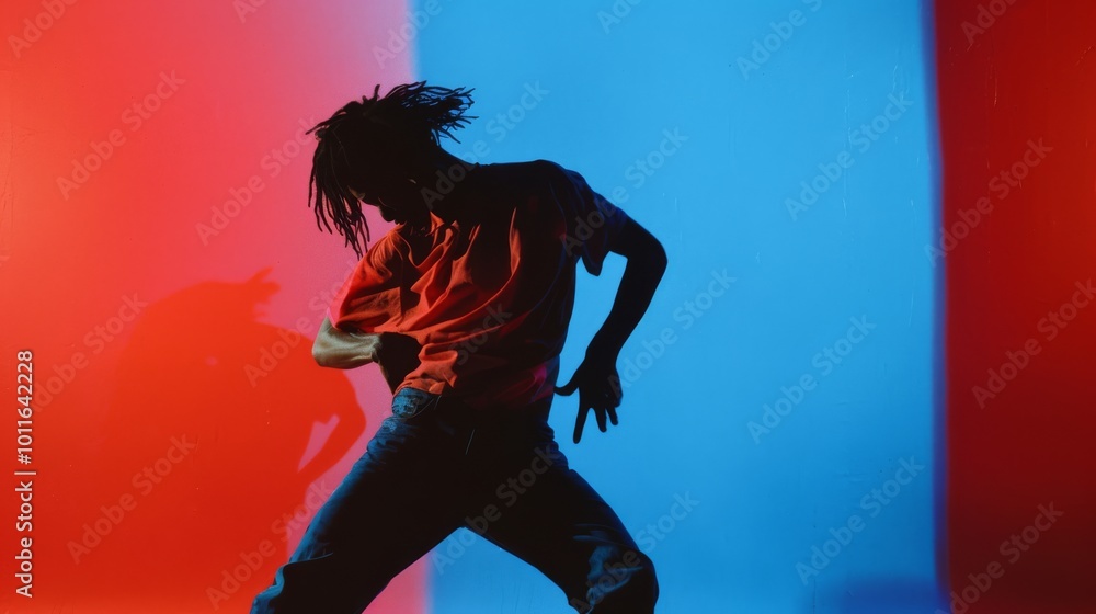 A dancer, silhouetted against a contrasting red and blue background, expresses powerful emotions through energetic, fluid movement. A dancer, silhouetted against a contrasting red and blue background, expresses powerful emotions through energetic, fluid movement.
