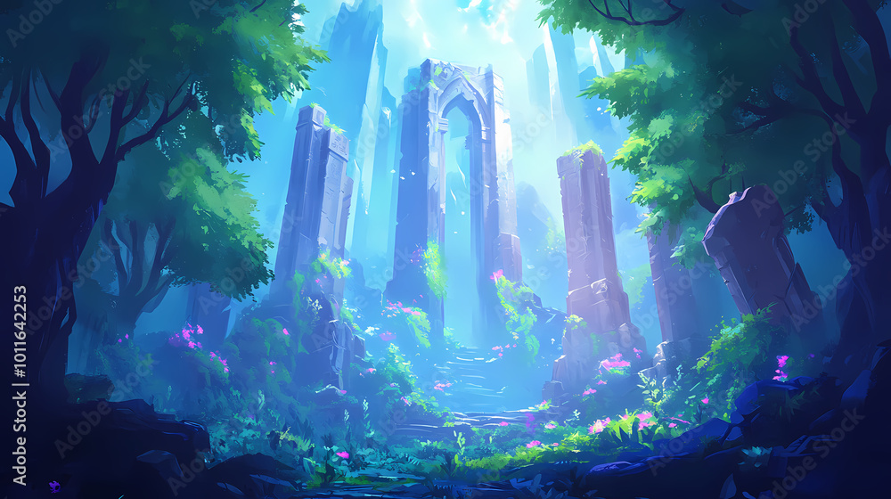 Enigmatic elven realm lush mystical forest with ancient ruins and ethereal glow game art illustration. Elven Kingdom. Illustration Enigmatic elven realm lush mystical forest with ancient ruins and ethereal glow game art illustration. Elven Kingdom. Illustration