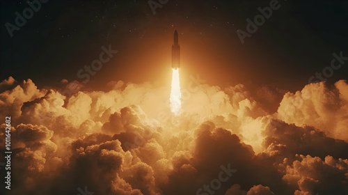 Rocket Launch Through Clouds 3D Illustration