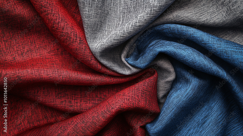 Fototapeta premium Beautifully textured fabric swirl showcasing rich colors in red, blue, and gray