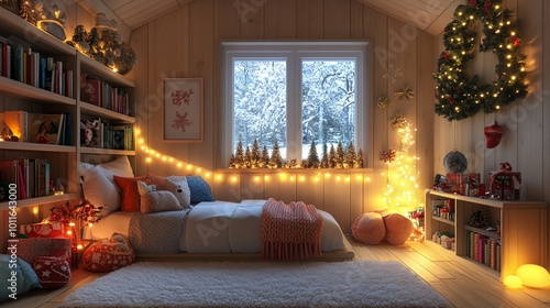 Cozy winter bedroom decorated with festive lights and a Christmas tree, creating a warm and inviting atmosphere. Perfect for holiday-themed projects and seasonal decor inspiration.