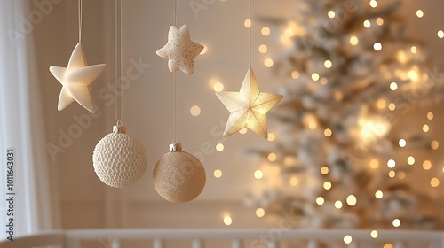 Elegant Christmas decorations featuring hanging stars and ornaments against a softly lit tree, creating a warm and inviting atmosphere for the holiday season.