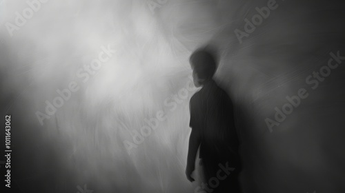 A lone silhouette of a person stands amidst a swirling mist, evoking a sense of mystery and introspection in a monochromatic environment. photo