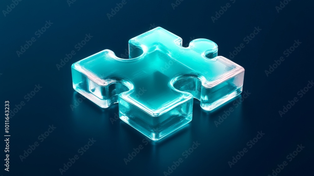 A close-up of a shiny blue glass puzzle piece isolated on a deep blue background. The transparent glass reflects light, creating an elegant, modern aesthetic, ideal for representing problem-solving A close-up of a shiny blue glass puzzle piece isolated on a deep blue background. The transparent glass reflects light, creating an elegant, modern aesthetic, ideal for representing problem-solving