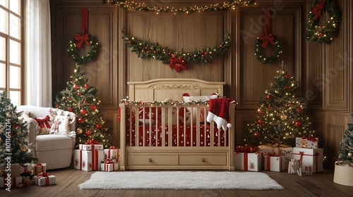 Festively decorated nursery for Christmas, featuring a beautiful crib, lush Christmas trees, colorful presents, and warm wooden accents, creating a cozy holiday atmosphere.