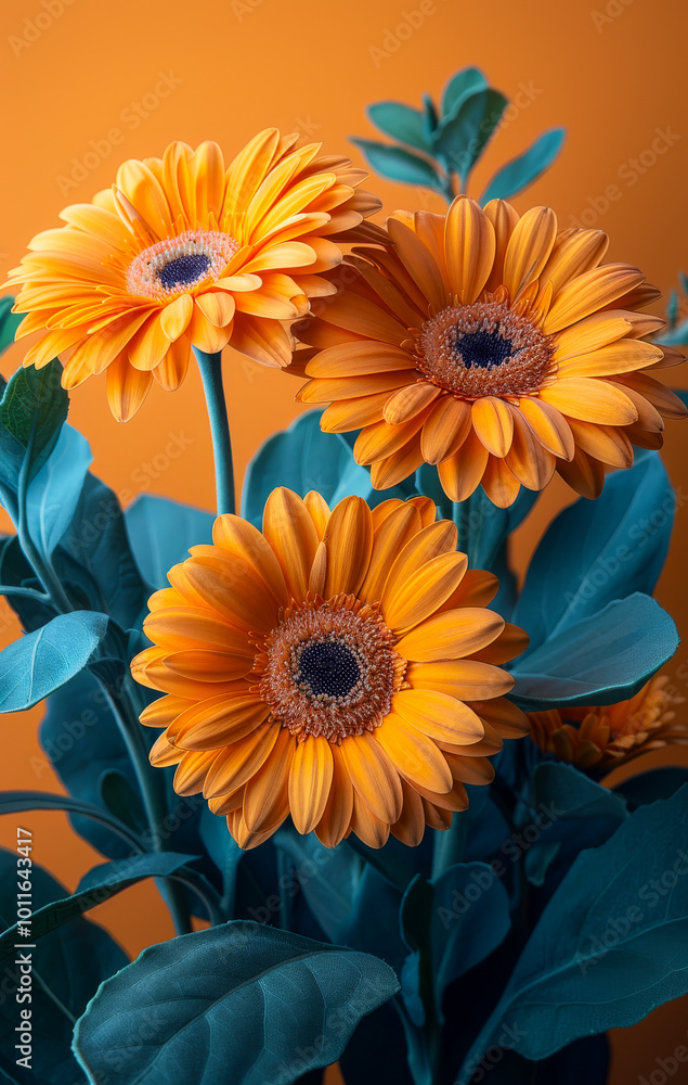 Yellow daisies on orange background. Vibrant yellow gerbera daisies bloom, surrounded by green leaves, creating a cheerful atmosphere in a warm setting. Yellow daisies on orange background. Vibrant yellow gerbera daisies bloom, surrounded by green leaves, creating a cheerful atmosphere in a warm setting.