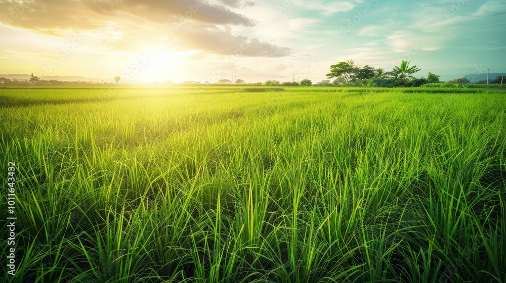 Obraz premium A lush rice field stretches into the horizon, bathed in the warm glow of a setting sun, embodying tranquility and the richness of nature’s harvest.