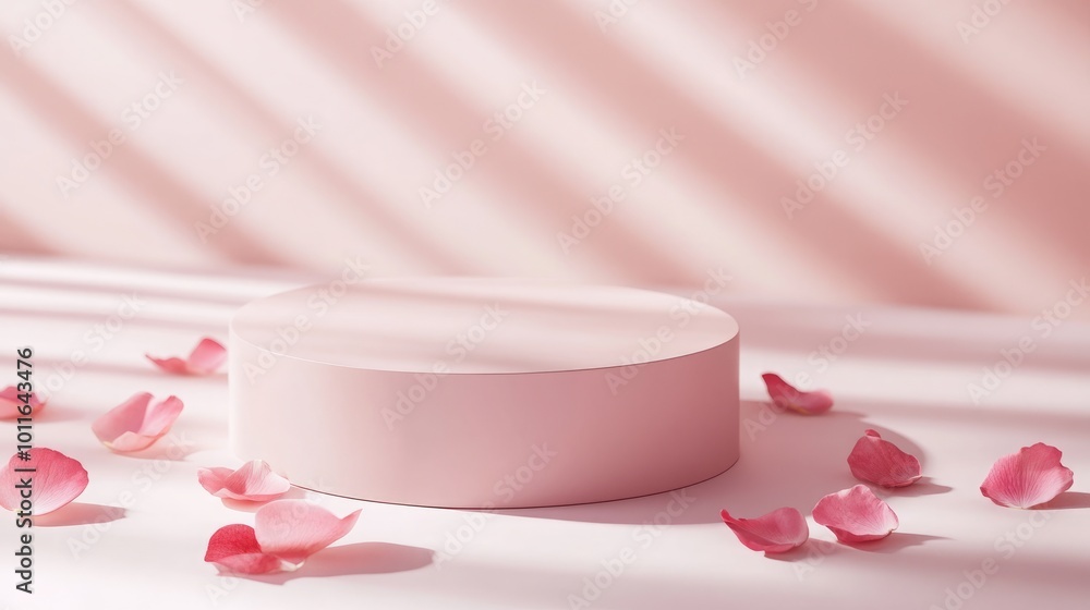 A soft pink platform surrounded by rose petals, creating a serene setting. A soft pink platform surrounded by rose petals, creating a serene setting.